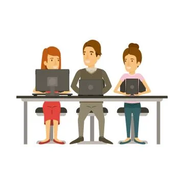 White background with teamwork sitting in desk with tech devices Stock Illustration