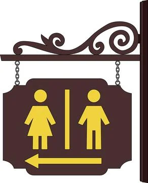 On an white background there is a sign with the direction of the toilets Stock Illustration