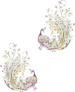 White background, two mirror-reflected ornamental tricolor peacocks Stock Illustration