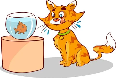 White background vector illustration of a cat facing the aquarium Illustrazione stock