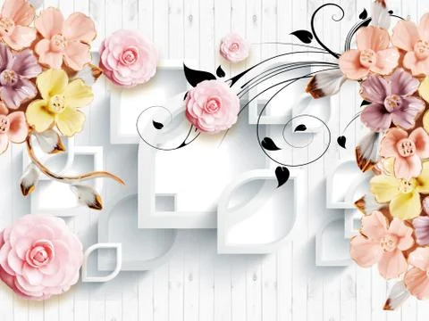 White background, vertical boards, white frames, peonies, gold-plated flowers Stock Illustration