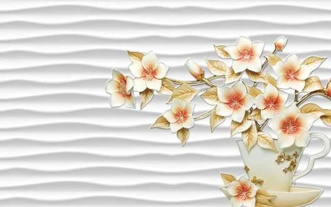 White background, waves, white and pink flowers with beige leaves in a vase Stock Illustration