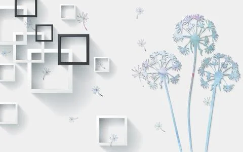 White background, white and dark gray square frames, dandelions with seeds Stock Illustration