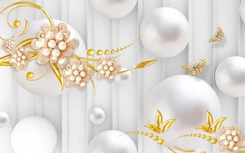 White background, white balls, abstract gold ornamental flowers Stock Illustration