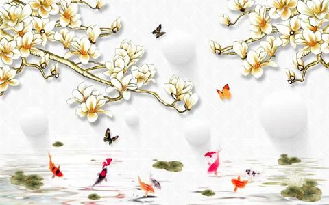 White background, white balls, large bright magnolia flowers on the branches Stock Illustration