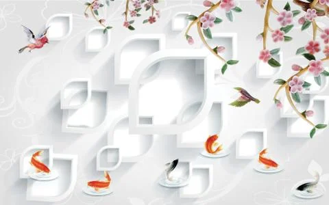 White background, white frames, pink flowers on the branches, two small birds Stock Illustration