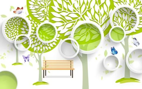 White background, white rings, large green abstract trees, bench, butterflies Stock Illustration