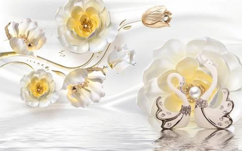 White background, white roses, a pair of white ceramic swans Stock Illustration