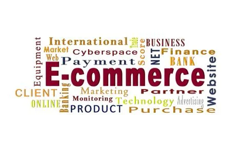 On white background word e-Commerce and other related words Illustrazione stock