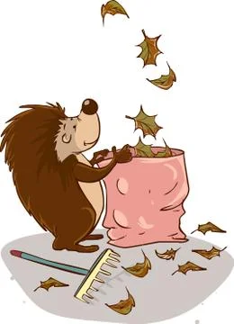 White backgroundvector illustration of a Hedgehog collect leaves Stock Illustration