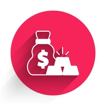 White Bag of gold bars icon isolated with long shadow background. Sack with Illustrazione stock