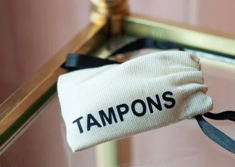 White bag with text 'tampons' Stock Photos