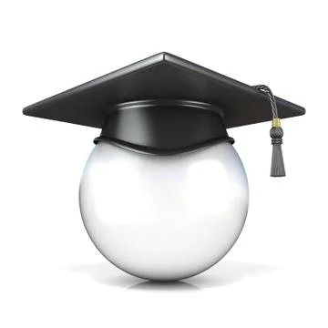 White ball with graduation cap, front view. Conceptual illustration. 3D Stock Illustration