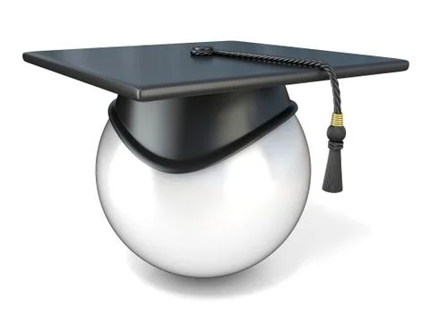 White ball with graduation cap, side view. Conceptual illustration. 3D Illustrazione stock