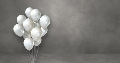 White balloons bunch on a grey wall background. Horizontal banner. Stock Illustration