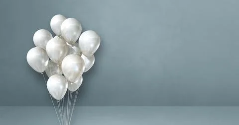 White balloons bunch on a grey wall background. Horizontal banner. Illustrazione stock