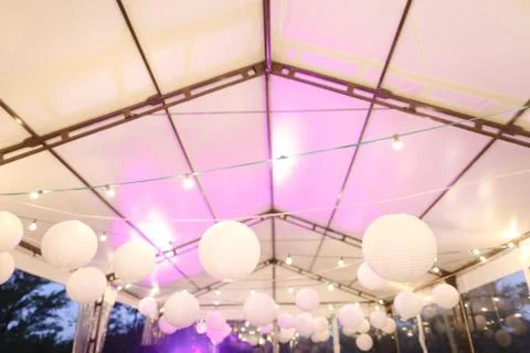 White balloons on ceiling. Stock Photos
