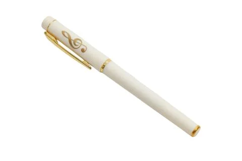 White ballpoint pen with treble clef symbol and golden clip. Elegant writin.. Stock Photos