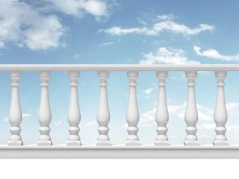 White balustrade with pillar on sky background Illustrazione stock