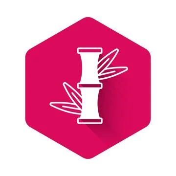 White Bamboo icon isolated with long shadow background. Pink hexagon button.. Illustrazione stock