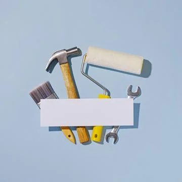 White banner with copy space over a selection of hand tools 写真素材