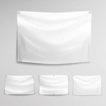 White Banner Set . Horizontal Hanging Banners Mock Up Textile, Fabric Or Nylon. Stock Illustration