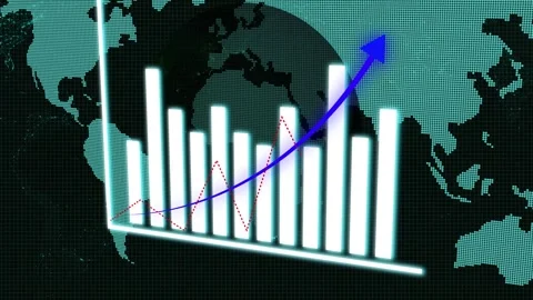 White Bar Chart with Blue Upward Arrow and Dotted Line on World Map Grid Ba.. Stock Footage 321450586