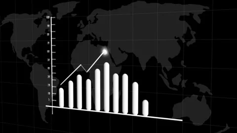White bar chart data statistics animation displays a 3D global layout. Bar .. Stock Footage 340999656