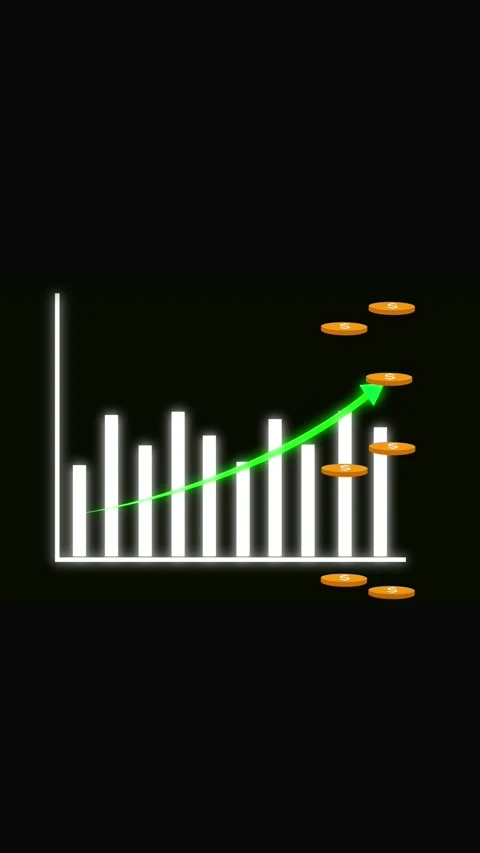 White bar graph illustrating decline with green arrow and floating coins sh.. Stock Footage 321631577