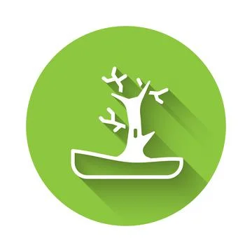 White Bare tree icon isolated with long shadow. Green circle button. Vector Stock Illustration