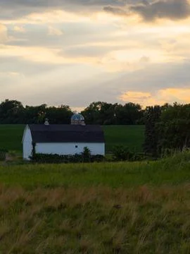 White Barn at Sunset, Kane County Illinois Farmland Stock Photos