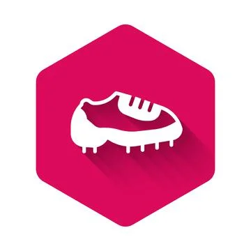 White Baseball boot icon isolated with long shadow background. Pink hexagon Stock Illustration