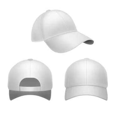 White baseball cap. 3d mockup hat, head caps back, front and side view Stock Illustration