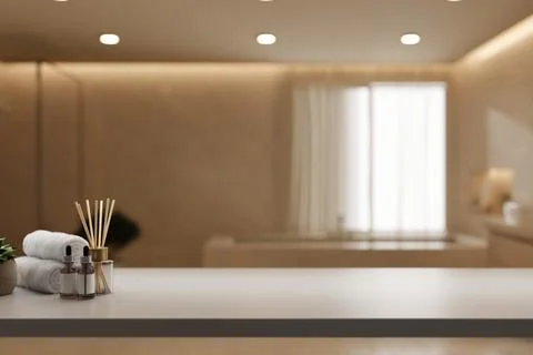 White bathroom tabletop with spa essentials and blurred bath background Stock Illustration