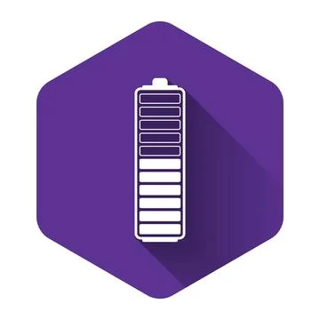 White Battery charge level indicator icon isolated with long shadow. Battery 库存插图