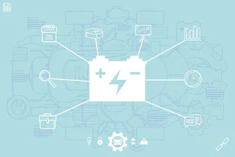 White battery icon is being shown on teal flat design infographic with data Stock Illustration