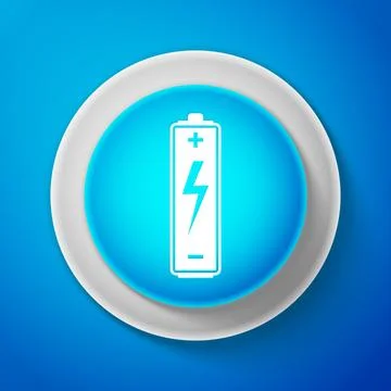 White Battery icon isolated on blue background. Circle blue button with white Stock Illustration