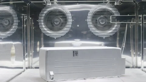 White battery module inside stainless steel industrial climate test chamber Video stock 156056002