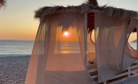 White beach canopies. Luxury beach tents at a resort. Stock Footage 273064341