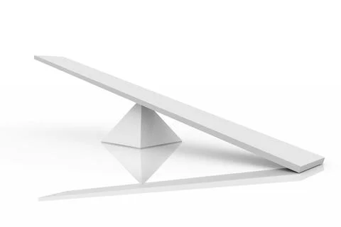White beam is balancing on triangular pyramid fulcrum in minimal 3D render on Illustrazione stock