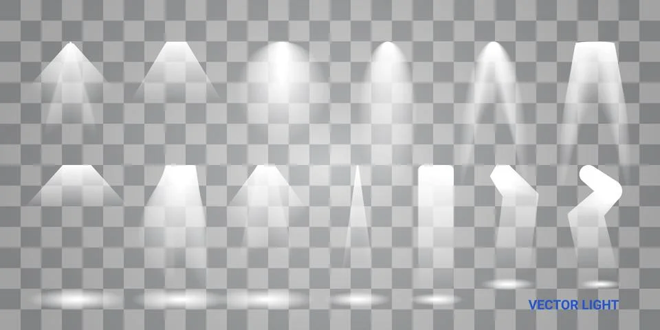 White beam lights set of different shapes and projections gleaming in the Stock Illustration