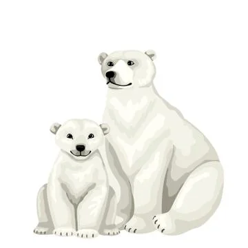 White bear with baby cub. Vector isolated characters on white background. Stock Illustration