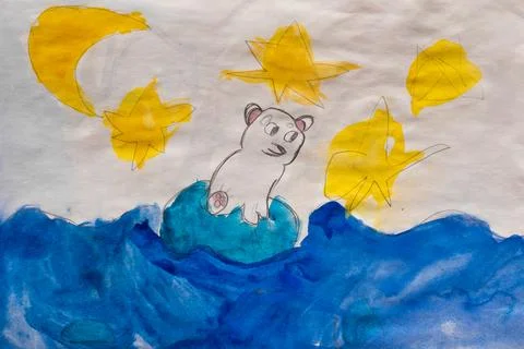 White bear on ice floe made by child using watercolors painting Stock Illustration