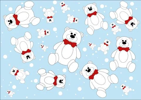 White bear with red bow on lihgt blue background Stock Illustration