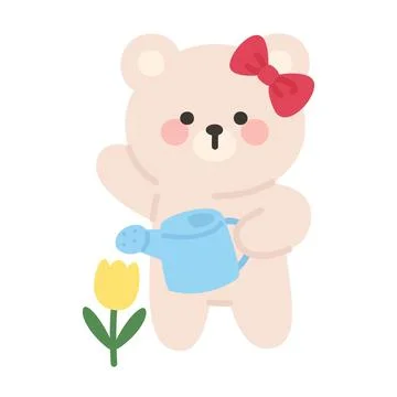 White Bear with Red Bow Watering Yellow Tulip Using Blue Watering Can Stock Illustration