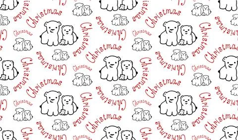 White bears family seamless pattern. Red Christmas text. Vector image. Stock Illustration