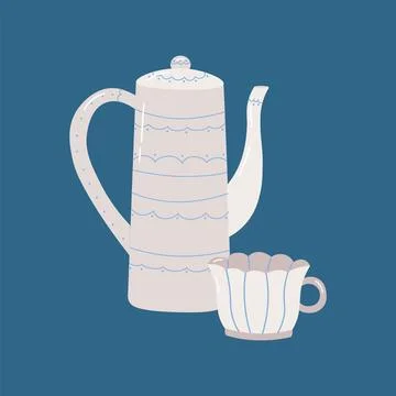 White beautiful teapot with patterns and white mug on blue background. Stock Illustration
