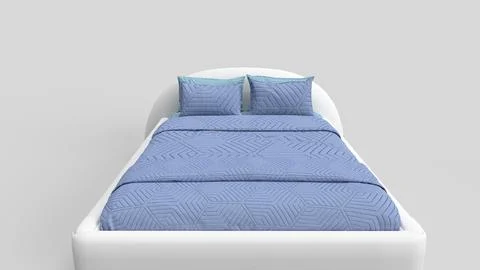White bed with blue bedspread front white backdrop Stock Illustration