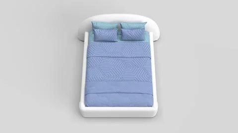 White bed with blue bedspread top view, white backdrop from front Stock Illustration
