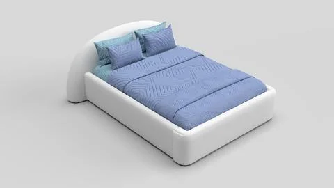 White bed with blue bedspread on the white backdrop on the right side Illustrazione stock